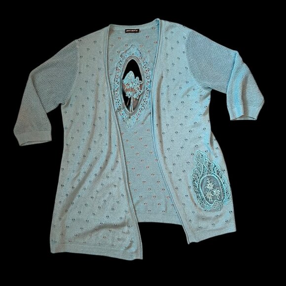 Vintage Sweaters - Vintage Lauren Michelle Open Front Eyelet Embroidered Mesh Cardigan